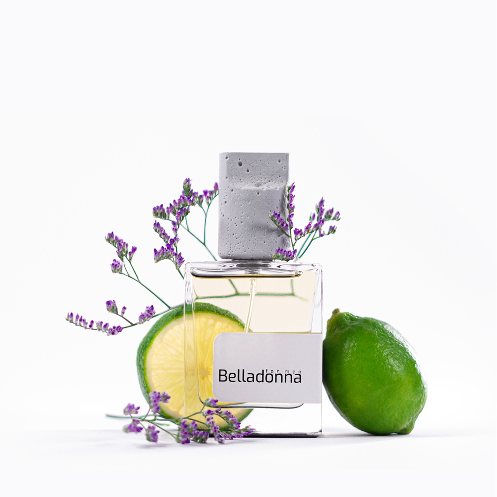 تصویر عطر بِلادونا کلار 50 میل به همراه لیمو سبز تازه و گل‌های بنفش – رایحه خنک، مرکباتی و چوبی