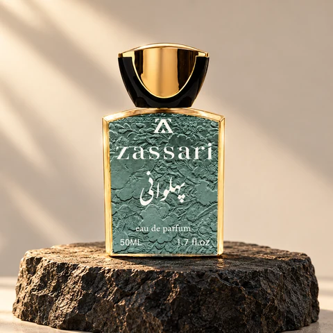 شیشهٔ کامل عطر پهلوانی ضاصاری ۵۰ میلی‌لیتری روی پایهٔ سنگی.