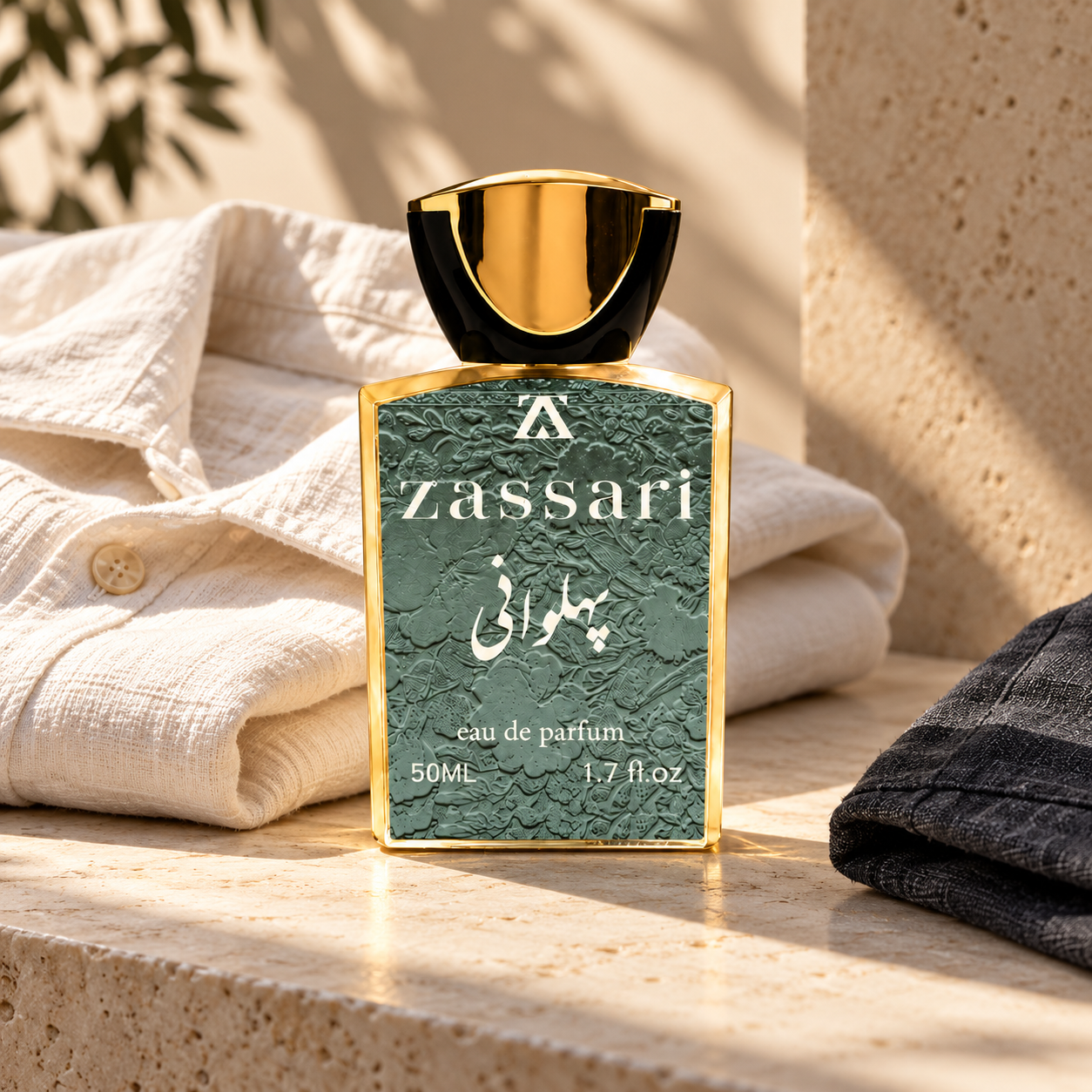 شیشهٔ عطر پهلوانی ضاصاری کنار پیراهن روشن؛ تصویر راهنمای کاز کانسپت