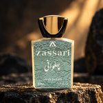 نمای شیشه عطر پهلوانی ضاصاری ۵۰ میلی‌لیتری روی پایه سنگی