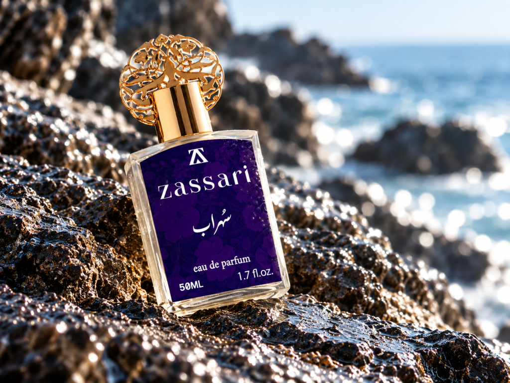 نمای نزدیک شیشه عطر سهراب ضاصاری و درپوش طلایی روی سنگ