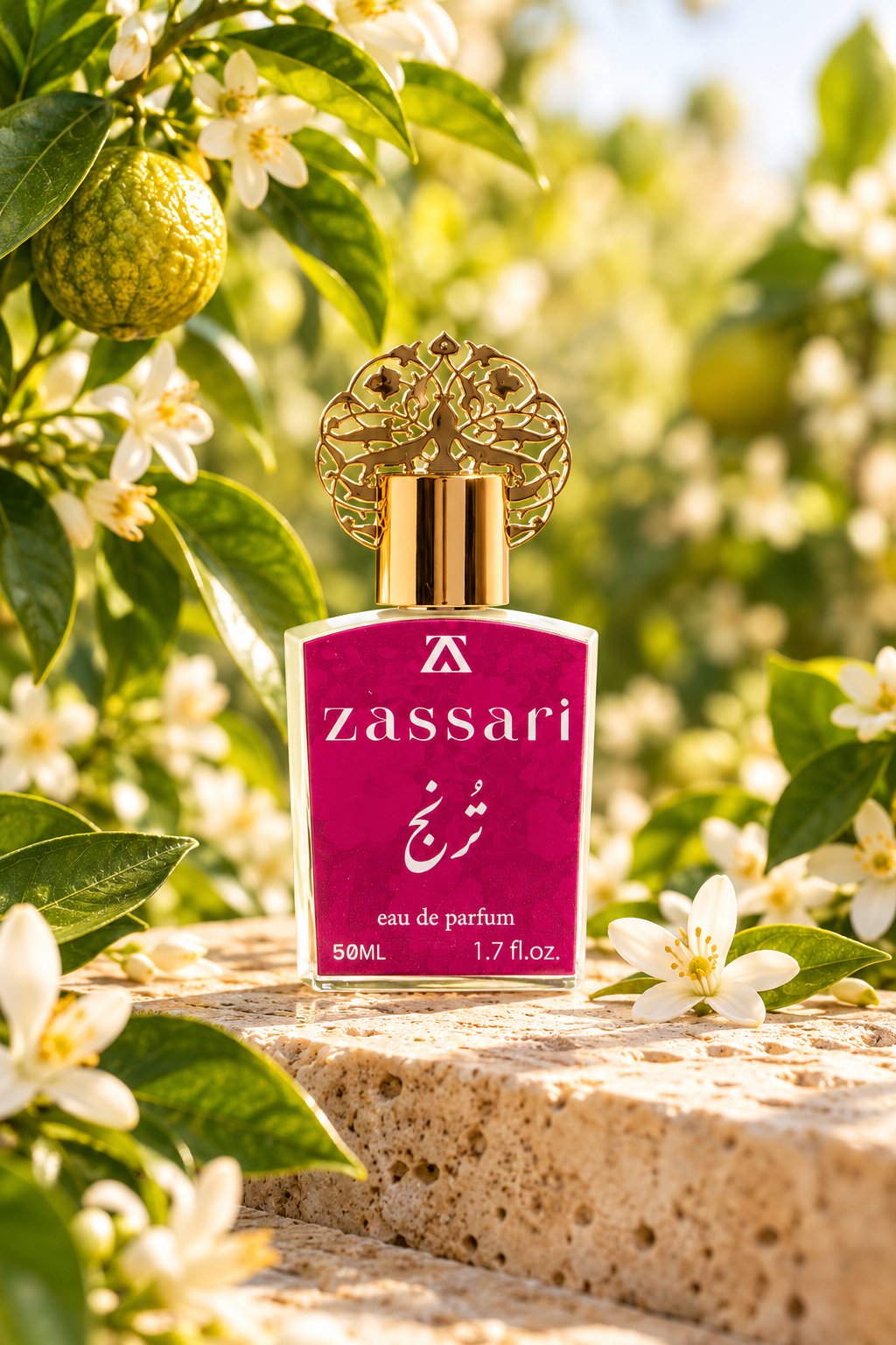 نمای مفهومی شیشه عطر ترنج ضاصاری با درپوش طلایی میان شکوفه‌های مرکبات